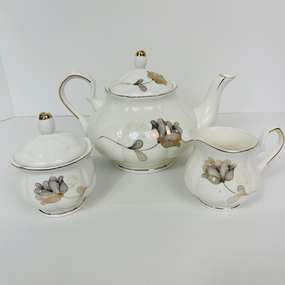 Jingdezhen Porcelain Tea Set White Gold Silver Floral Teapot Sugar Creamer Set